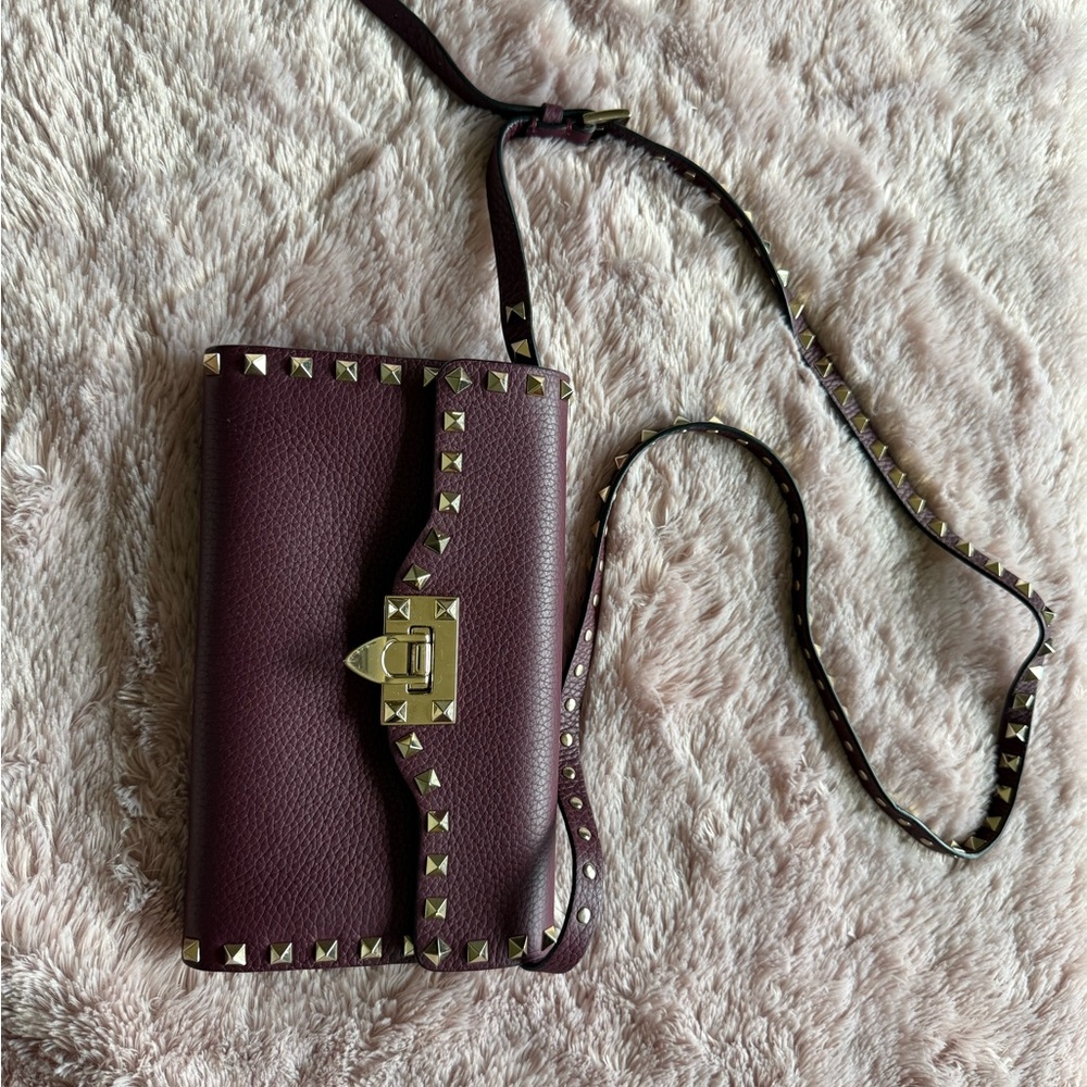 Valentino Garavani Burgundy Crossbody with Gold Studs